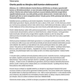 Charita posílá na Ukrajinu další kamion elektrocentrál