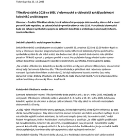 Tříkrálová sbírka 2026 se blíží. V olomoucké arcidiecézi ji zahájí požehnání koledníků arcibiskupem