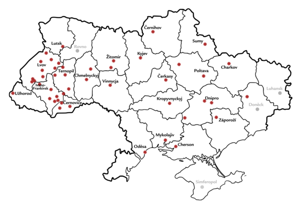 Místa, resp. oblasti, kde projekt Světlo a teplo pro Ukrajinu pomáhá